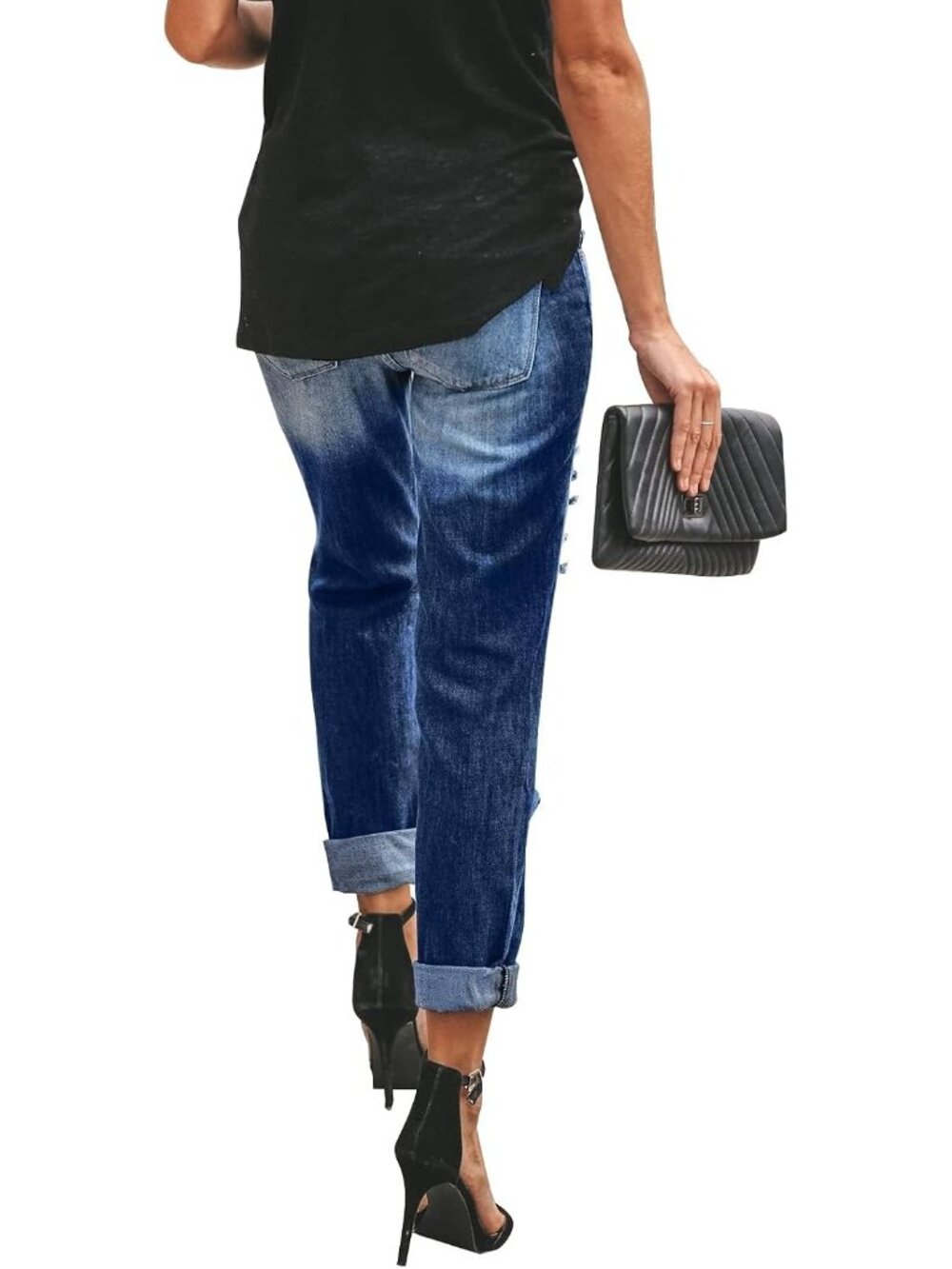 Women's Dark Blue Ripped Mid Waisted Boyfriend Jeans Loose Fit Distressed Jeans - Picture 3 of 5